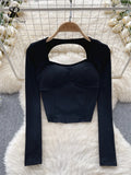 Yipinpay Women Sporty Tops Square Collar Long Sleeve Backless Kink With Chest Pad Slim Fit American Streetwear Sexy Mini Blouse