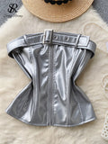 Yipinpay Strapless PU Leather Mini Tops for Women Chic Backless Tank with Zipper Belt Slim Design Club Fashion Sexy Camisole