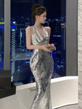 Yipinpay Sleeveless Party Dress Woman Backless Swinging Collar Halter Bling Mermaid Dresses Sexy Ladies Elegant Temperament
