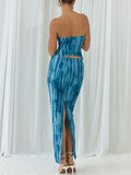 Yipinpay Women Y2K Vintage Mesh Outfits Tie-dye Drawstring Strapless Backless Irregular Tube Tops+Slit Long Skirt 2Pcs Set