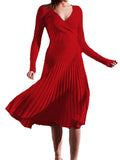 Yipinpay Women Ribbed V-neck Fold Knitted Max Dress Ladies Skinny Sexy A-line Dresses Two Color Patchwork Elegant Chic Vestidos