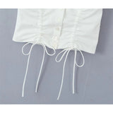 Yipinpay 2024 Women Vintage Puff Sleeve Square Collar White Shirt Drawstring Tie Bow Center Buttons Ladies Sexy Corset Crop Top