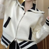Yipinpay Winter New Lapel Contrast Color Zipper Sweater Jacket Women's Design Sense Niche Loose Turtleneck Knitted Cardigan Top