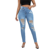 Yipinpay New High Waist Diagonal Button Design Ripped Jeans For Women Fashion Stretch Slim Denim Pencil Pants Skinny Trousers XS-2XL