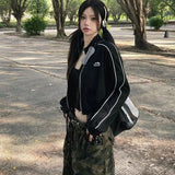 Yipinpay Grunge Zip Up Hoodie Streetwear Women Korean Fashion Casual Slim Sweatshirts Striped Black Long Sleeve Cropped Hoodie