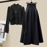 Yipinpay Spring Autumn New Korean Elegant Knit Tassel Cover Up+Half High Collar Bottom Sweater+Midi Skirt 3 Piece Women Dress Suit