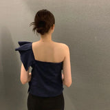 Yipinpay Shoulder Blouses Sexy Temperament Irregular Off Shoulder Shirt Women Black Blusas Mujer Summer Ruffle Crop Tops Y2k Shirts