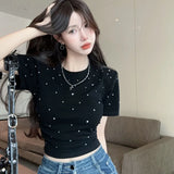 Yipinpay Y2k Tops Summer Shirts for Women 2023 Graphic T Shirts O Neck Short Sleeve Black T-shirt Waist Fold Grunge Tees Beaded