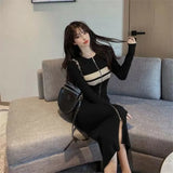 Yipinpay Hip Contrast Grey Black Striped Dress Women Robe Casual Wild Vestidos Knitted Zipper Dress 2023 Ropa Sweater Pencil