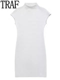 Yipinpay 2023 Black Knitted Dresses For Women Elegant Short Dresses Woman Mini Bodycon Dress Women High Neck Sleeveless Party Dress