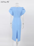 Yipinpay Elegant Blue Bodycon Dresses Women Puff Sleeve Ruched Long Dress Round Neck Office Ladies Split Dress Summer 2023