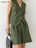 Yipinpay Street Style Green Shorts Suits Cotton Linen Two Pieces Vest Top Shorts Casual Sets 2023 Office Ladies Shorts Outfit