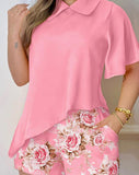 Yipinpay Peice Set Asymmetrical Hem Top & Floral Print Shorts Set Women Casual New Fashion 2023 Summer