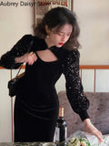 Yipinpay Black Velvet Midi Dress Women Sexy Hollow Out Sequins Design Y2k Dress Vintage Casual Evening Party Dress 2023 Autumn