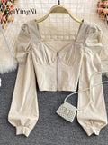 yipinpay Sexy Zipper Crop Tops Female Ruched Casual Vintage Long Sleeve Blusas Women Korean Elegant Camisas Club Short Shirt