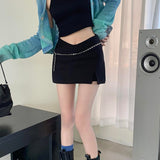 Yipinpay E Girl Black Mini Skirt Women Punk Sexy Chain Belt Slit Korean Cute High Waist A-line Micro Skirt Y2K Skort Streetwear