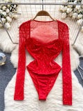 Yipinpay 2024 New Spring Diamonds Bodysuits American Long Sleeve Slim Skinny Playsuits Female Sexy Perspective Mesh Rompers