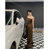 yipinpay Women Brown Casual Pants Vest Sleeveless Vintage Fashion Straight American Wide Leg Pants Female 2023 Summer Solid Trouser