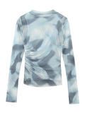 Yipinpay Print Tulle Crop Top Women Ruched Mesh Blouse Female Blue Long Sleeve Tops For Women 2023 Streetwear Chic Woman Blouse