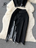 Yipinpay Streetwear Cool Y2K Sexy Denim Suits Women Strap Short Tank Top+ Split Bodycon Skirt Fashion Hotsweet Two Pieces Sets