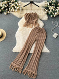 Yipinpay Summer Knitted Beach Two Pieces Sets Women Halter Backless Camis+Wide Legs Long Pants Tassel Hollow Out Bohe Suits