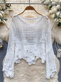 Yipinpay Solid Hollow Out Holiday Blouse Women O Neck Long SLeeves Hollow Out Embroidery Shirt 2024 Floral Plaid Sheer Sexy Top