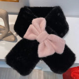 Yipinpay Sweet Hot Girl Pink Bow Neck Scarf Women's Autumn/Winter Faux Fur Cute Fury Scarf Fashion Female Trendy Accessories