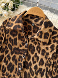 Yipinpay Leopard Vinage Casual Autumn Suits Loose Folds Lapel Blouse Tops+Wide Leg Long Pants Streetwear Women Two Pieces Suits