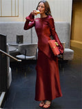 Yipinpay Backless Satin Fashion Maxi Dress For Women Elegant Solid Slim Patchwork Long Sleeve Autumn 2024 Female Gown Long Dress