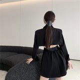 Yipinpay Waist Hollow Suit Dress Women New Autumn V-neck Mini Black Long Sleeve Dresses Office Ladies