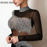 Yipinpay Women Elegant Rhinestone Decor Sheer Mesh Bodycon Dress