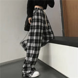 Yipinpay Women Sweatpants Fashion Black Plaid Casual Pants Baggy Elastic Waist Pockets Student Unisex Hip Hop Loose Trousers