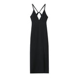 Yipinpay New Women Double Spaghetti Straps Black Midi Sexy Dress Front Slit V Neck Backless Female Party Vestidos