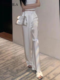 Yipinpay Summer Silky Acetate Satin Women's Wide Leg Pants Korean Fashion Casual Elegant High Waist Loose Saggy Straight Trousers
