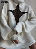 yipinpay Y2K Pullover Knitted Oversized Jumper Tops Hollow Out Patchwork Long Sleeve Turtleneck Winter 2023 Sweater Casual Tops 0407