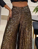 Yipinpay Waist Sequin Flared Wide leg Pants All-Match new fashion yk2 Women's Clothing