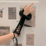 Yipinpay Women's Y2K 2000s Fingerless Gloves Cross Tie-up Elbow Length Arm Warmers Sleeves Lolita Costume Accessories