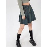 yipinpay Women's Vintage Blue Denim Half Body Skirt Zipper Pleated High Waist Casual Fashion Baggy A-Line Jean Short Skirt Ladies Summer