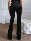 yipinpay Flare Pants Lace Up Trousers Women Hollow Out High Waist Pant Women Chic Wide Leg Pant Solid Strechy Streetwear Black Pants