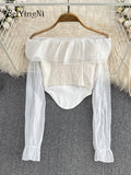 yipinpay Vintage Elegant Chiffon Blusas Women Slash Neck Sexy Ruffles Club Blouses Female White Casual Off Shoulder Shirts Tops