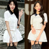 Yipinpay Girl Skirt Set Spring/Summer Academy Style Short Sleeve White Polo Neck Shirt Half Skirt Two Piece Set Women Outfits