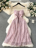 Yipinpay Fashion Temperament Long Dress Spaghetti Strap Sleeveless Design Female Solid Senior Embroidery Mesh Party Dress