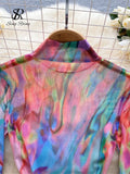 Yipinpay American Retro Tie Dye Print Playsuits Stand Collar Long Sleeves Slim Artistic Top Open Crotch Mesh Sexy Bodysuits