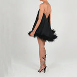 Yipinpay Women Fashion Solid Color Plush Trim V-Neck Chain Spaghetti Strap Sling Mini Dress Summer Sleeveless Backless vestido