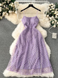 Yipinpay Fashion Temperament Long Dress Spaghetti Strap Sleeveless Design Female Solid Senior Embroidery Mesh Party Dress