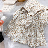 Yipinpay Korean Fashion Midi Skirt Women Vintage Floral Print High Waist Pleated Skirts 2023 Spring Summer Chic A-line Faldas