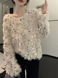 Yipinpay Sleeve Top Y2k Clothes Sueter Mujer Korean Fashion Oversized Sweater Jumper Pullover V Neck Sweet Sequin Sweaters Women