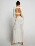 Yipinpay Womens 2Pcs Clubwear Outfit Sets Long Hollow Sleeve Crop Tops + White Long Knitted Skirt Club Streetwear New Aesthetics
