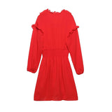 Yipinpay Ruffled Red Dress For Women 2024 Lace Up V Neck Long Sleeve Robe Vintage Elastic Waist Party Mini Dresses