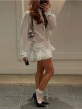Yipinpay Fashion White Ruffled Mini Dress For Women Cardigan Patchwork See-Through Long Sleeve Sexy Night Club Party Dress Women's